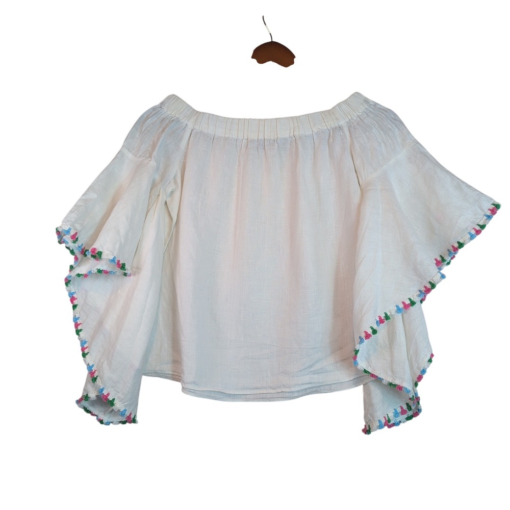 Zara Woman XS White 100% Linen Off the Shoulder Crop Top Tassel Fringe Flirty